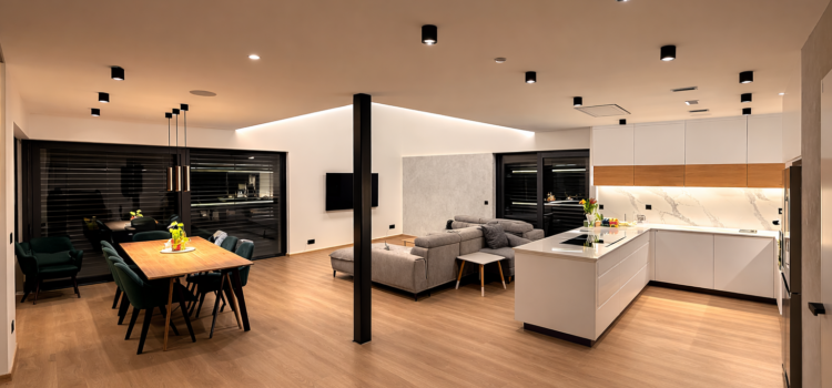 Designové bodovky LED Ceiling Spot WW Anthracite od Loxone instalované v novostavbě, Hradec Králové.