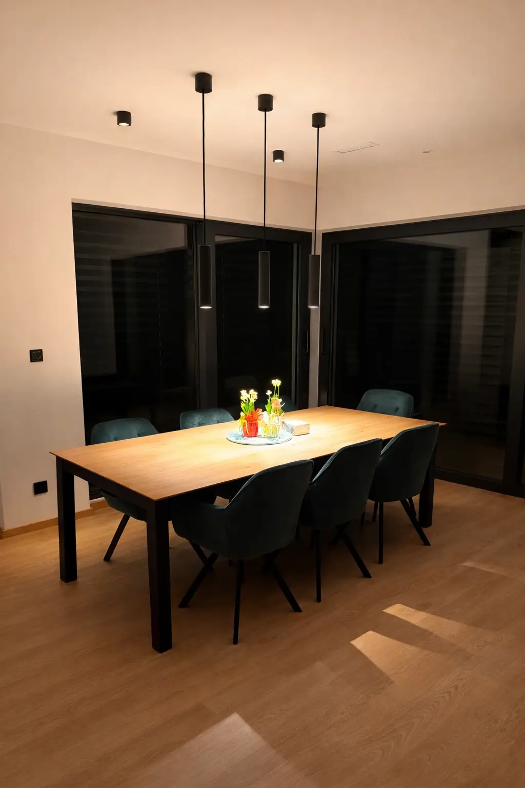 Designové osvětlení nad jídelním stolem v inteligentní domácnosti Loxone.